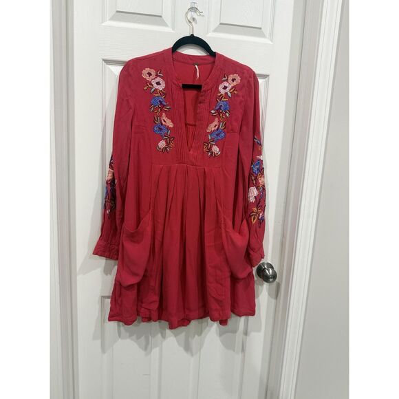 Free People Dress Womens XS Embroidered Boho Long Sleeve Tunic Pockets Floral - Picture 1 of 8